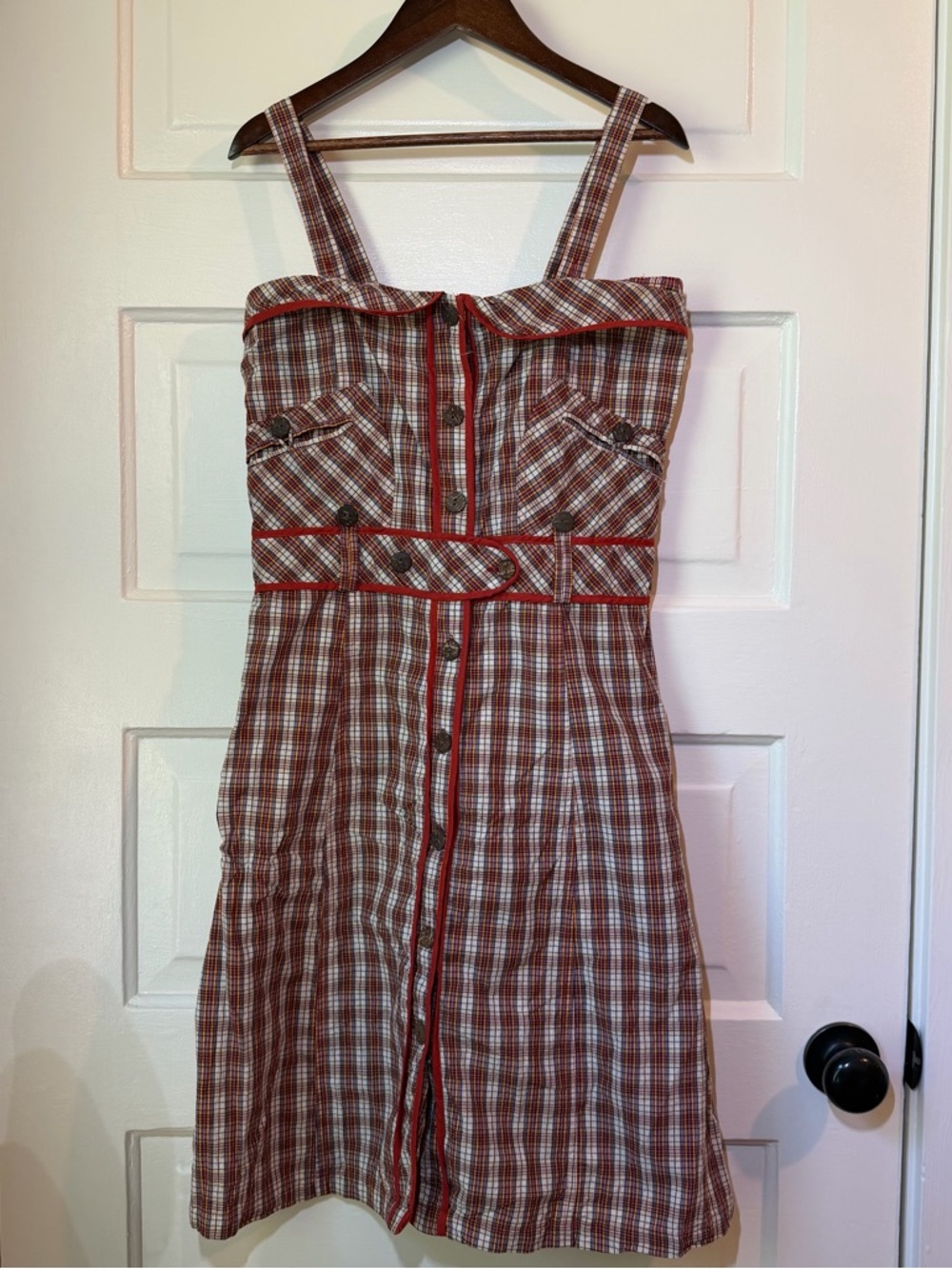 Plaid Button-Sundress with Burnt Orange Trim
